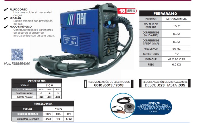 FIAT FERRARA160 SOLDADORA INVERSORA MMA/MIG, 160A 110V