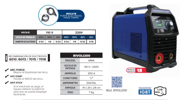 FIAT RIVOLI200 SOLDADORA INVERSORA MMA, 200A, 110/220V