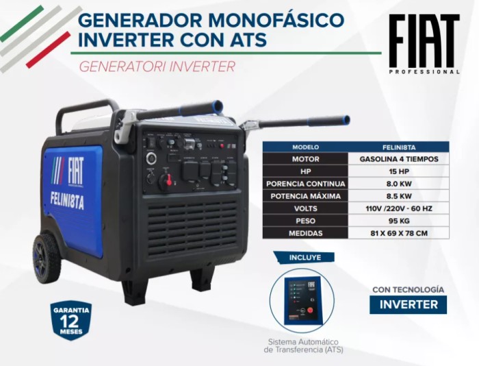 FIAT FELINI8TA Generador a gasolina inverter 8Kw 110V /220V con ATS